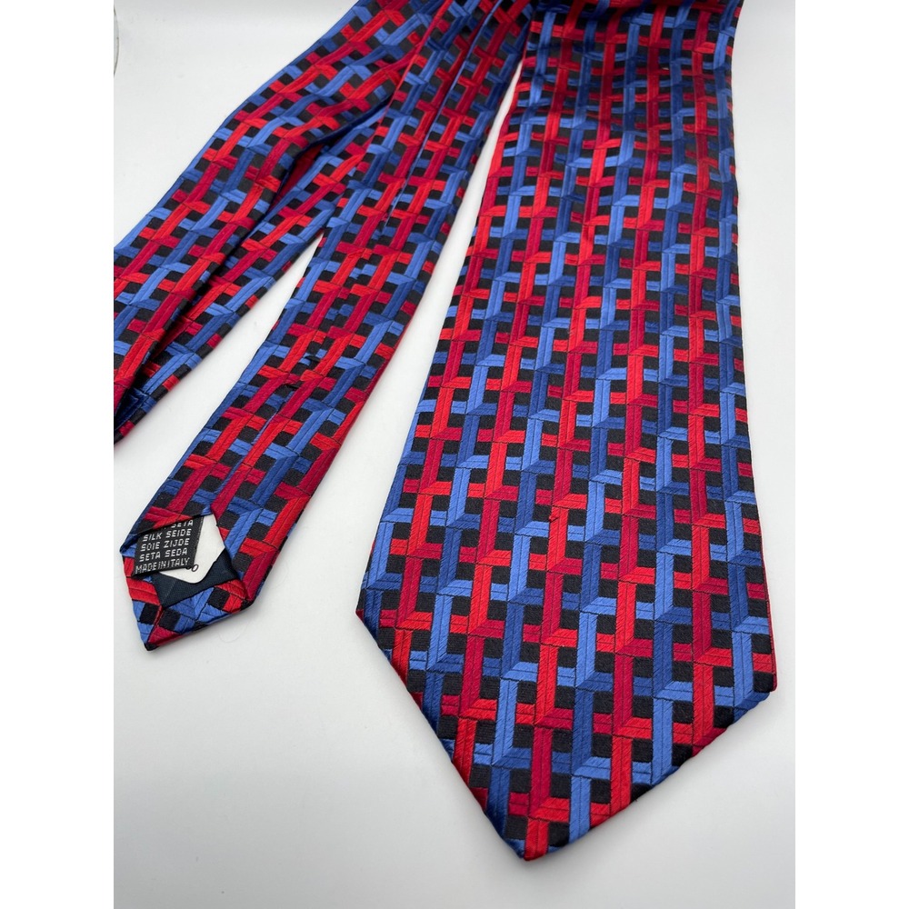 Fratelli Moda Mens Silk Tie Made in Italy Red Blue Black Geometric Basketweave